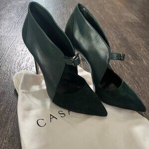 CASADEI Pointed Toe Cutout Stiletto Heels Dark Green Suede Leather Pumps